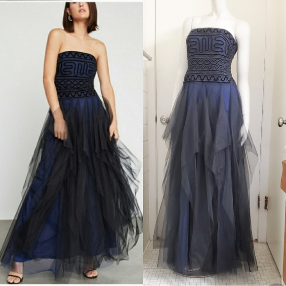 Bcbgmaxazria Strapless Embroidered Lace Navy Tulle Gown Size 4 - Picture 5 of 11